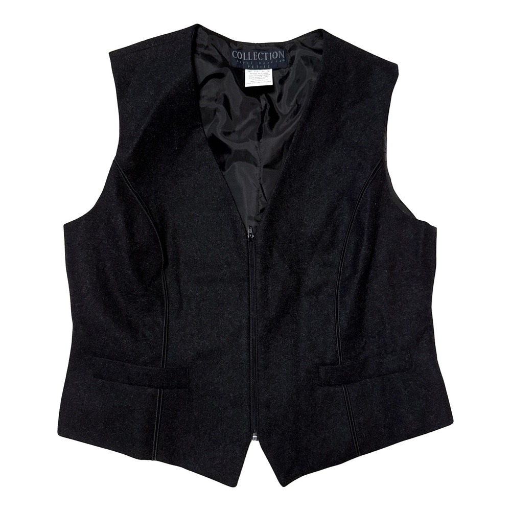 Herve Benard Petite Wool Blend Zip Up Tailored Vest Charcoal Black 12P